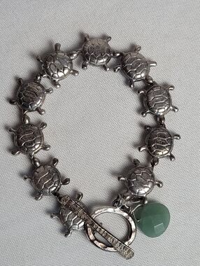 Jenni E Sterling Silver Turtle Link Bracelet Jade Charm Toggle Clasp 20 Grams